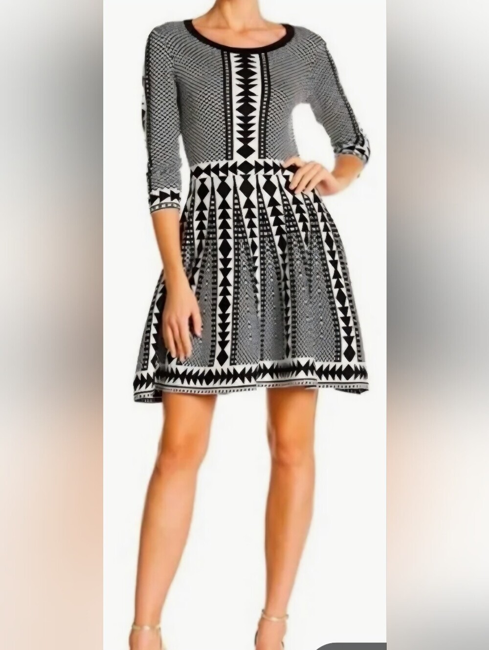 Nina Leonard Geometric Print Fit & Flare Knit Sweater Dress - Size M